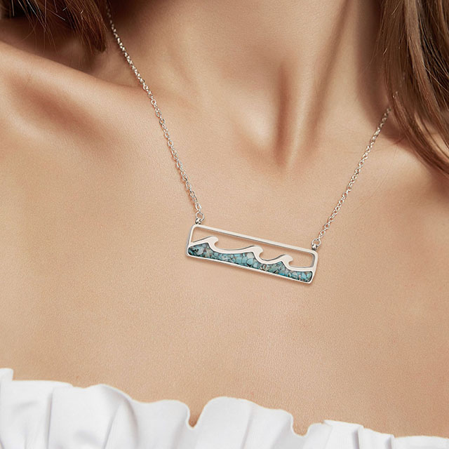 Türkisfarbene Edelstein-Halskette, Ozeanwellen-Bar-Anhänger für Frauen und Mädchen, Surfer-Strand-Schmuck 
