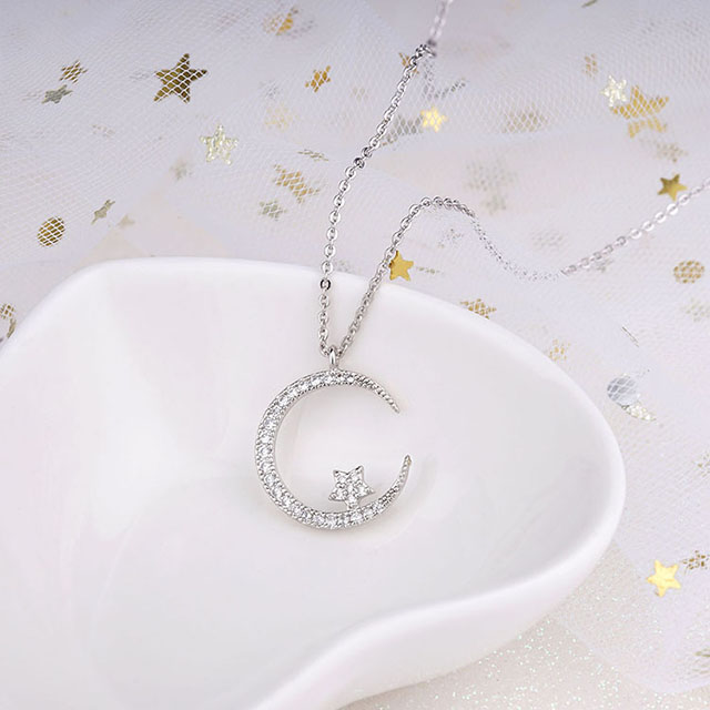  Mond-Halskette für Damen, versilbert, vergoldet, zierlicher Zirkonia, Halbmond, Stern-Anhänger, Halskette, Mondschmuck für Damen und Mädchen, Geburtstag, Weihnachten, Valentinstag, Geschenk für Freundin