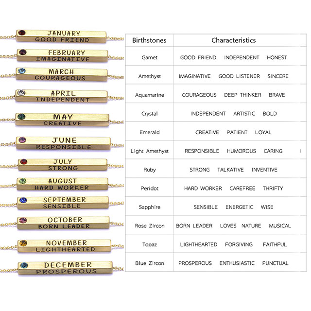 Geburtsmonats-Halskette aus echtem Mattgold mit 4-seitigem horizontalem Balkenanhänger und Geburtsstein 