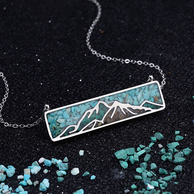 Edelstein-Berg-Halskette für Damen, türkisfarbene Trommelsplitter-Anhänger-Halskette, zierliche Bergkette-Bar-Halsketten