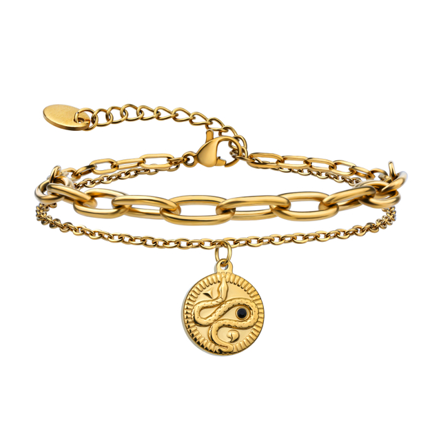 Armband mit Doppelgliederkette und rundem Scheiben-Anhänger mit Schlangen-Reliefdruck 