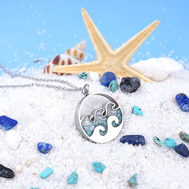 Türkisfarbene Edelstein-Halskette, Ozeanwellen-Bar-Anhänger für Frauen und Mädchen, Surfer, Strand, Schmuck, Geschenke