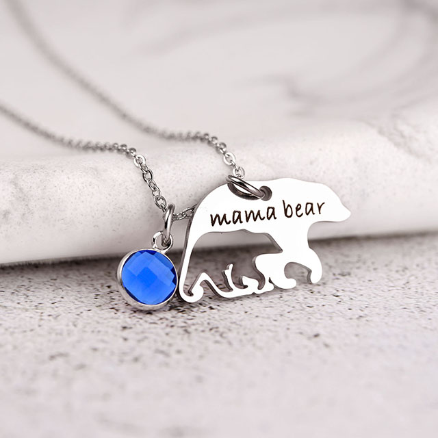 Mama Bear Halskette mit 12 Geburtssteinen für Damen, versilbert, Alaska Mama Bear 