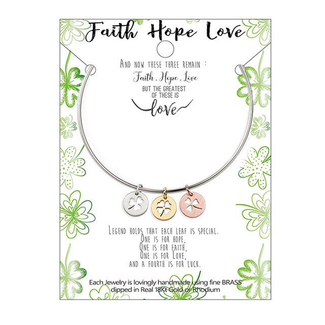Vierblättriges Kleeblatt-Armband, Glückskleeblatt-Anhänger, Charm-Armreif, Glaube, Hoffnung, Liebe, Glücksarmband für Frauen und Mädchen, personalisiertes Schmuckgeschenk
