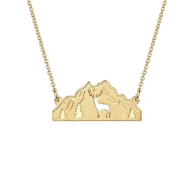 Berg-Halskette für Damen, vergoldet, Tierausschnitt, Wald, Baum, Gebirge, Anhänger, Halskette, Naturschmuck, Geschenk für Skifahrer, Wanderer, Naturliebhaber