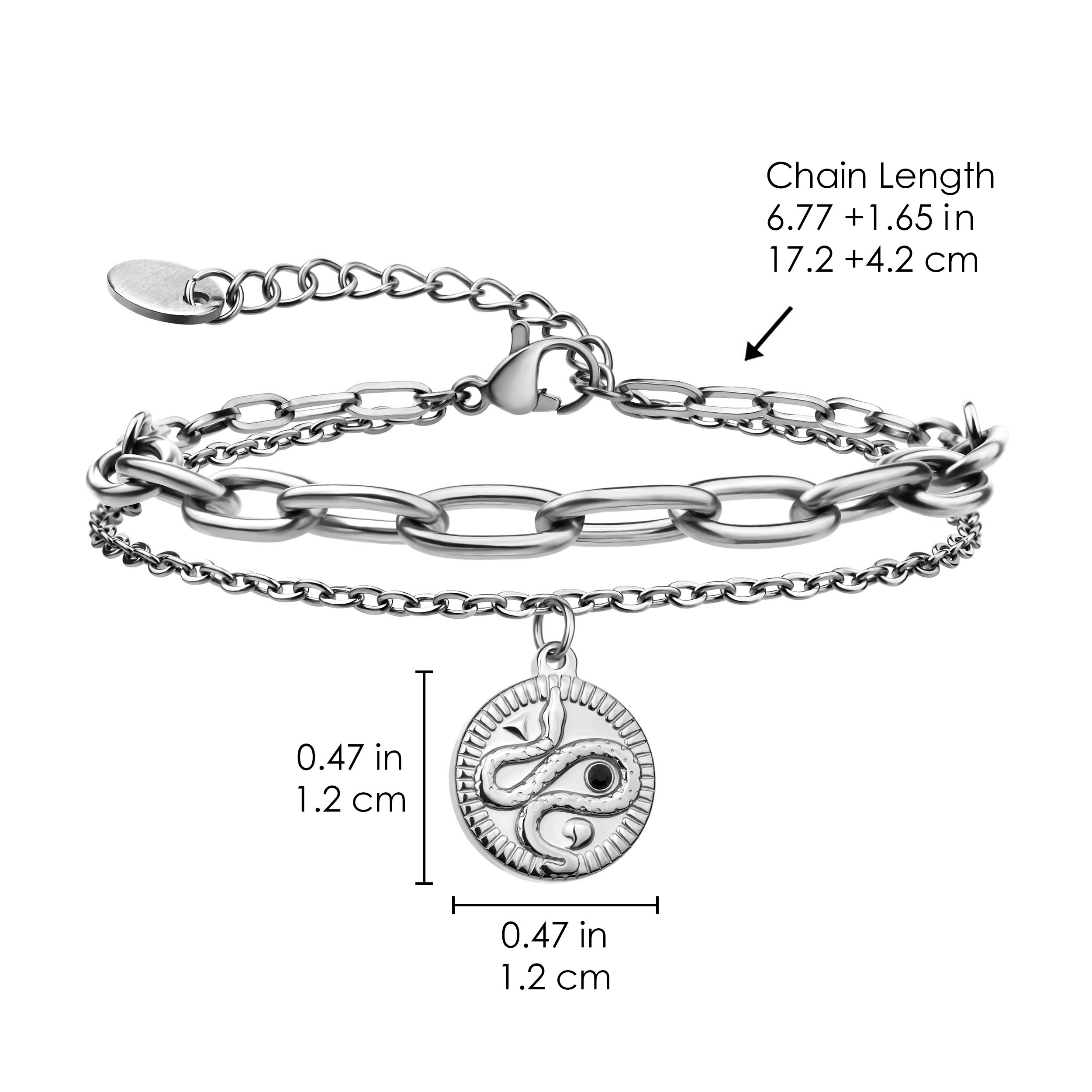 Armband mit Doppelgliederkette und rundem Scheiben-Anhänger mit Schlangen-Reliefdruck 