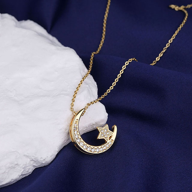  Mond-Halskette für Damen, versilbert, vergoldet, zierlicher Zirkonia, Halbmond, Stern-Anhänger, Halskette, Mondschmuck für Damen und Mädchen, Geburtstag, Weihnachten, Valentinstag, Geschenk für Freundin