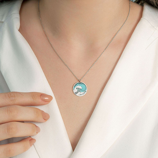 Edelstein-Wellen-Halskette für Frauen, Perlmutt-Türkis-Anhänger-Halskette, zierliche Kreis-Ozean-Wellen-Halsketten für Frauen, Mädchen, Surfer, Strand, Schmuck, Geschenke