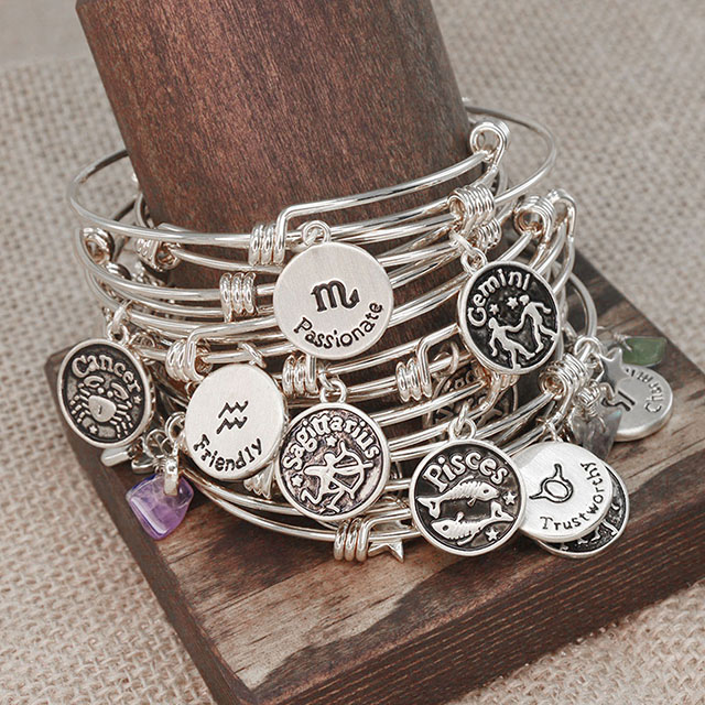 Sternzeichen-Armband für Frauen, Retro-Sternbild-Zeichen, erweiterbarer Armreif, runde Scheibe, Astrologie-Armband, Edelstein-Herz, Stern-Charms, Armbänder, Mädchen-Schmuck, Geschenk