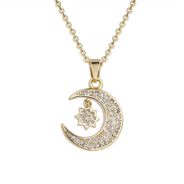  Mond-Halskette für Damen, versilbert, vergoldet, zierlicher Zirkonia, Halbmond, Stern-Anhänger, Halskette, Mondschmuck für Damen und Mädchen, Geburtstag, Weihnachten, Valentinstag, Geschenk für Freundin