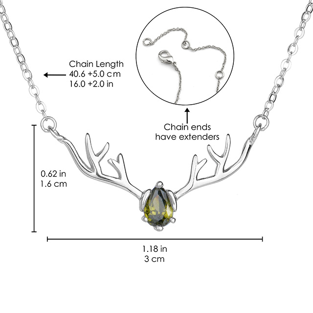 Hirschgeweih-Halskette für Frauen. Zierliche, versilberte, tropfenförmige Hirsch-Halskette mit Geburtsstein 