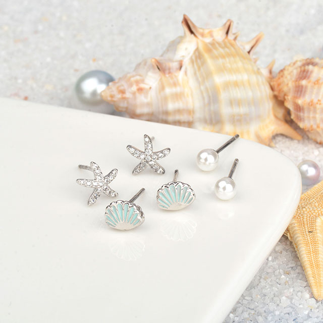 3 Paar Strand-Ohrstecker-Set für Damen, hypoallergene Zirkonia-Ohrringe, Meeresohrringe, Hawaii-Urlaub, Sommer-Ohrringe für Damen und Mädchen