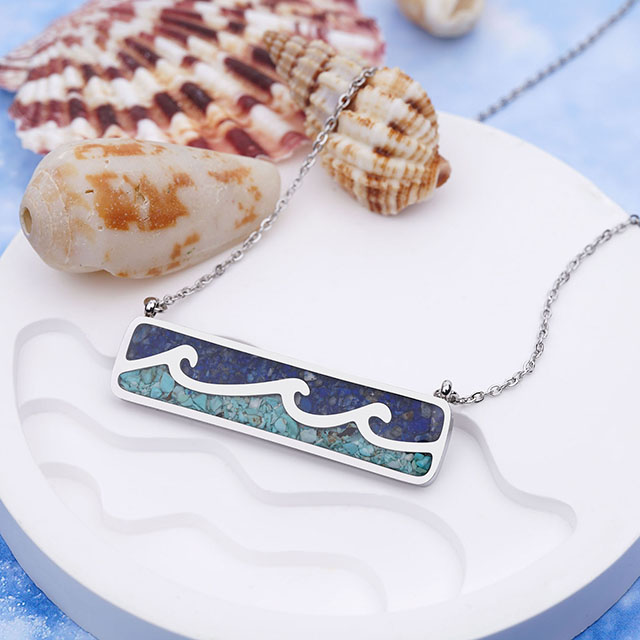 Türkisfarbene Edelstein-Halskette, Ozeanwellen-Bar-Anhänger für Frauen und Mädchen, Surfer-Strand-Schmuck 