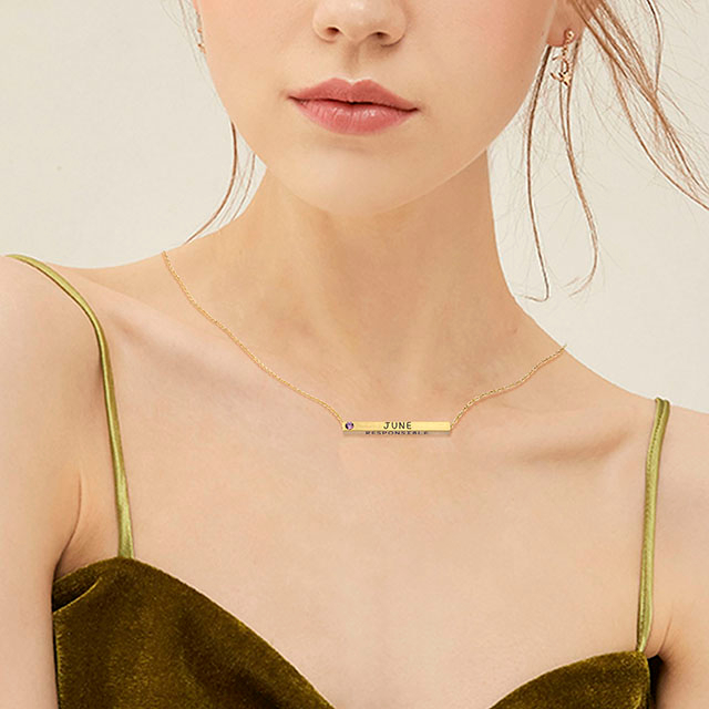 Geburtsmonats-Halskette aus echtem Mattgold mit 4-seitigem horizontalem Balkenanhänger und Geburtsstein 