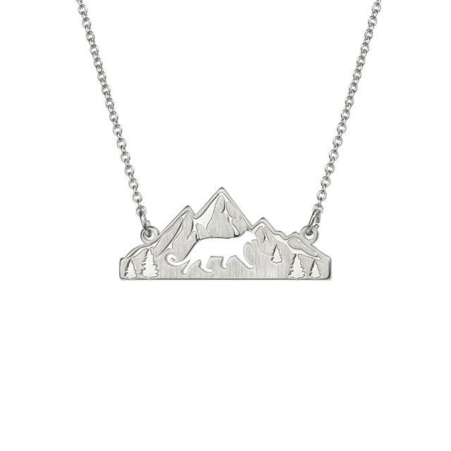Berg-Halskette für Damen, versilbert, mit Tierausschnitt, Wald, Baum, Gebirge, Anhänger, Halskette, Naturschmuck, Geschenk für Skifahrer, Wanderer, Naturliebhaber