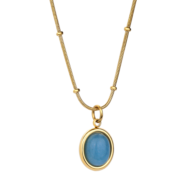 Edelstahl 18K Gold Textur Licht Luxus Stern Meer Oval Saphir Anhänger Halsband 