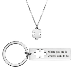Individuell gravierter Edelstahl-Schmuck, passende Schlüsselanhänger-Halskette mit Puzzle-Karte