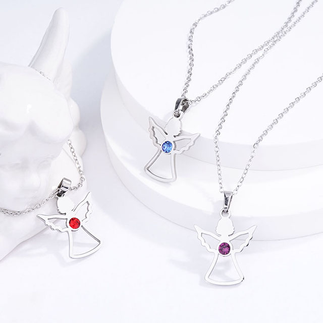 Geburtsstein-Engel-Halskette für Frauen, Edelstahl-Engelsflügel-Halskettenanhänger, niedliche Kristall-Schutzengel-Halsketten für Frauen und Mädchen, Geburtsstein-Halskette, Schmuck, Geburtstagsgeschenke 