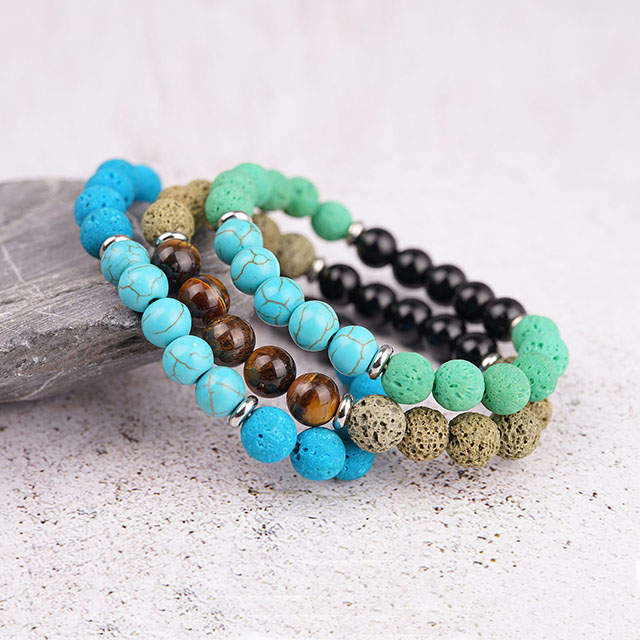 Lavastein-Perlen-Aromatherapie-ätherisches Öl-Edelstein-Stretch-Tigerauge-Türkis-Perlenarmband 