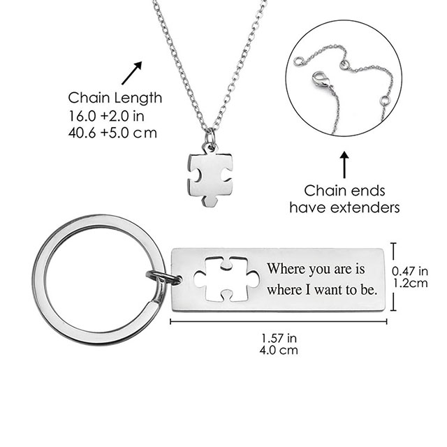 Individuell gravierter Edelstahl-Schmuck, passende Schlüsselanhänger-Halskette mit Puzzle-Karte