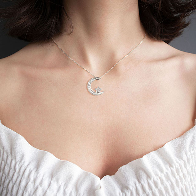  Mond-Halskette für Damen, versilbert, vergoldet, zierlicher Zirkonia, Halbmond, Stern-Anhänger, Halskette, Mondschmuck für Damen und Mädchen, Geburtstag, Weihnachten, Valentinstag, Geschenk für Freundin