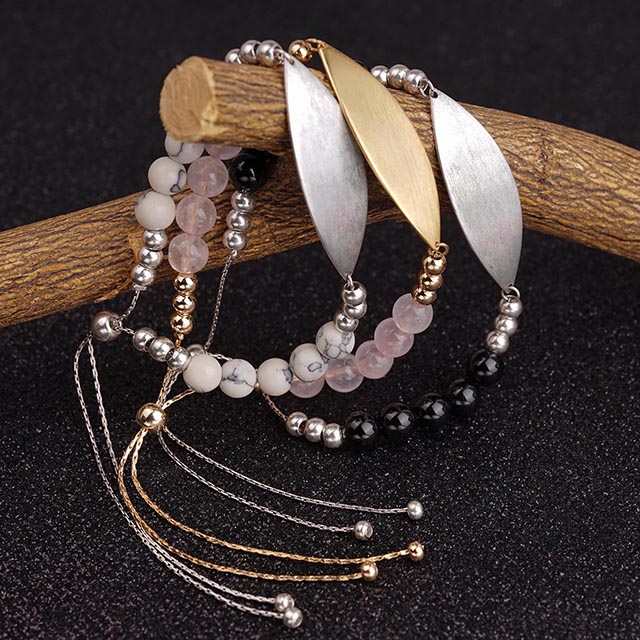 Bar-Armbänder, verstellbare Bolo-Kristall-Edelstein-Howlith-Türkis-Rosenquarz-Perlenarmbänder